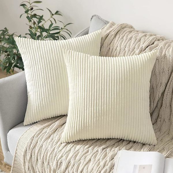 Pakke med 2 høst-kordfløyel myke solide dekorative, firkantede putetrekk, putevar 45 x 45 cm, hvit White
