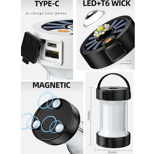 Type-C Uppladdningsbar Utomhus Campinglampa, 1000 Lumen, 4 Lägen Batteridriven, Vattentät Multifunktionell Solar LED Nödlampa