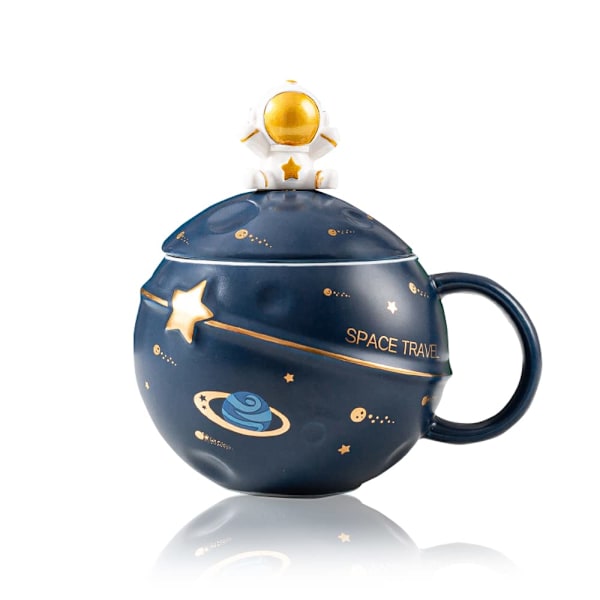 Astronaut Kopp Rymd Präglad Planet Mugg, Nyhet Mugg med Lock och Sked för Kaffe, Te, Mjölk, Present Födelsedag för Flicka Pojke Kvinnor (Mörkblå)