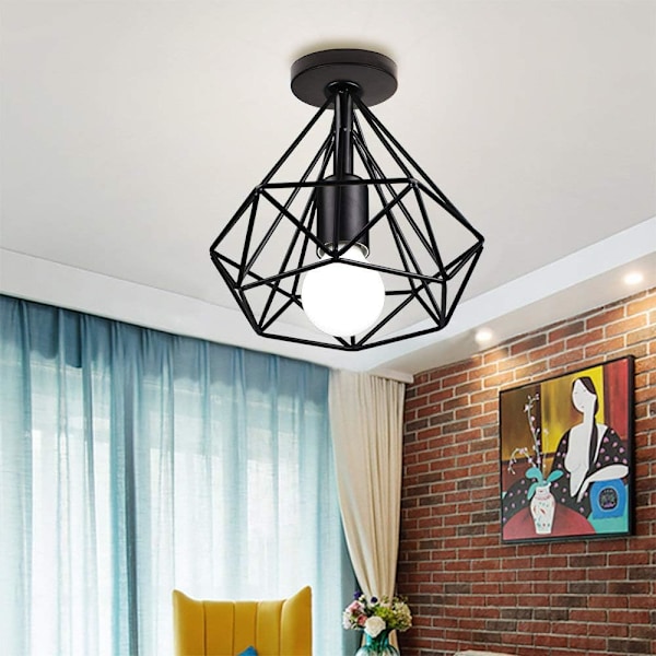 Retro Industriell Metall Taklampa LED E27 Rombsbur 25cm för Matsal, Bar, Sovrum, Kök och Vardagsrum (Set om 2 Svart)