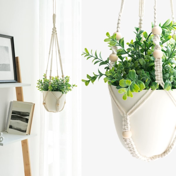 3-pack Macrame Växthängare Inomhus Hängande Planterkorg Blomkruka Hållare Bomullsrep med Pärlor Inga Tofsar, 58cm/73cm/89cm, krukor ingår ej