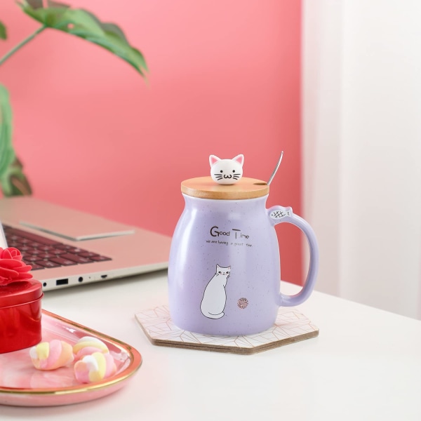 Kissamuki Söpö keraaminen kahvikuppi Lovely Kitty -puisella kannella ruostumaton teräslusikka, uutuus aamukuppi teemaito joulumuki 380ml (violetti)