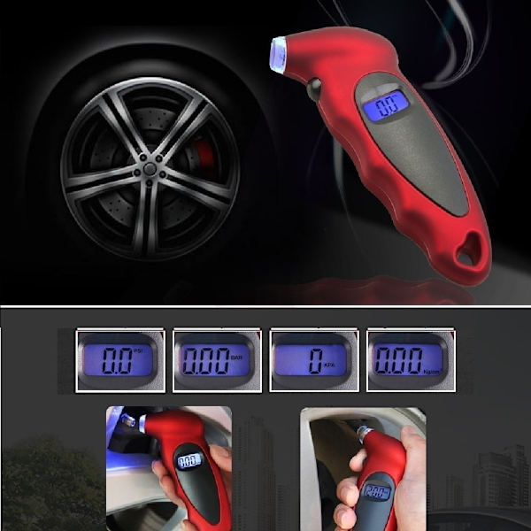 Digitaalinen rengaspainemittari 150 PSI 4 asetuksella autoille, kuorma-autoille ja polkupyörille, taustavalaistu LCD ja liukuestokahvat (Punainen) Red