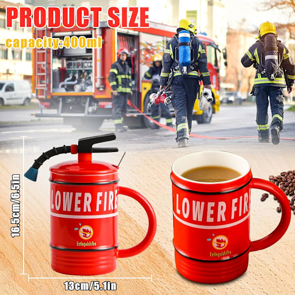 Kaffekrus formet som brandslukker, Personligt kaffekrus, Krus med låg og ske, 3D tekop