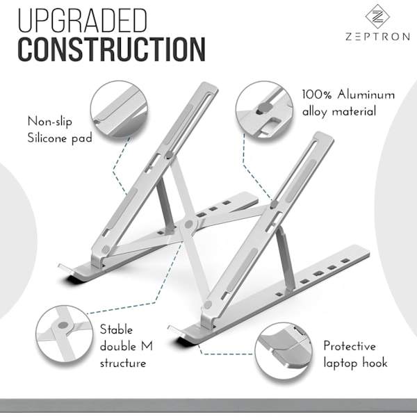 Foldbar bærbar aluminiumsstativ med 6-trinns høydejustering | Kompatibel for 11 tommer/11,6 tommer/13,3 tommer/14 tommer/15 tommer/15,6 tommer (sølv)