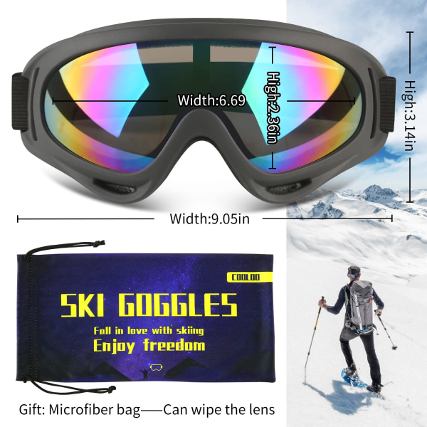 2-pack skibriller, motorsykkelbriller, snowboardbriller for menn, kvinner, barn - UV-beskyttelse Skum Anti-ripe Støvtett Svart（Flerfarge）