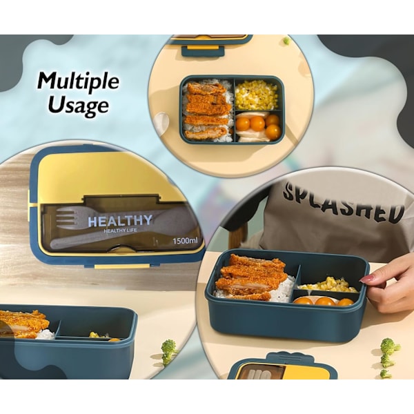 1500 ml japansk stil Bento lunchlåda läckagesäker, 3-i-1 fack, återanvändbar Bento lunchlåda måltidsförberedelsebehållare (blå) Navy
