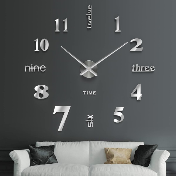 3D väggklocka, DIY digital väggklocka, Silent Movement, Modern Design Väggklocka, Giant Wall Clock (80 -120 cm), Silver