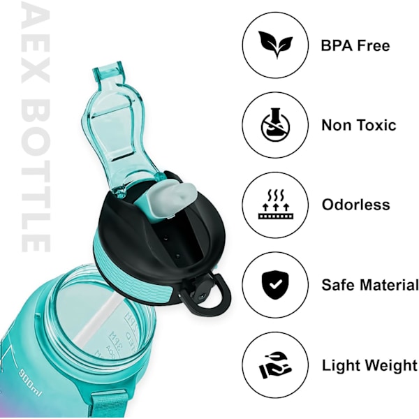 1 Liter Motiverande Sport Vattenflaska med Sugrör & Tid, BPA-fri väte Barn Dricka vattenflaska för Sport & Utomhus [Grön-Rosa] green,pur[lr