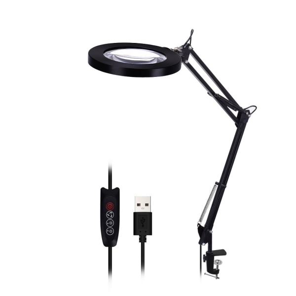 LED 2 in 1 -suurennuslamput 10 kirkkausasetuksella, USB virralla valaistu, säädettävä kääntövarsi suurennuslasi ja pidike (musta)