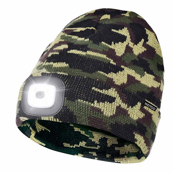 Unisex 4 LED Lysende Beanie Hat, USB Genopladelig Løbehat Super Lys Håndfri Forlygte Lommelygte Hat, LED Hat til Løbetur Vandreture (Camouflage Grøn) camouflage green