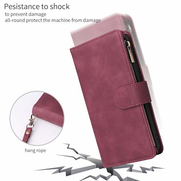 Plånboksfodral för iPhone 11, Handväska med dragkedja, Fodral med Ställ, Kortfack med Handledsrem, TPU Stötsäkert Flipskydd för iPhone 11 - Vinröd