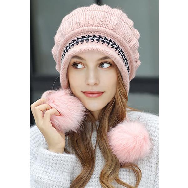 Damhattset Fluffig Vintermössa Stickad Beanie Utomhus Plyschfodrad Rysshatt Pompom Öronlapp med Vantar, rosa Pink