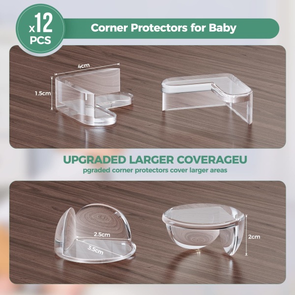 Hjørnebeskyttere for babypakke med 12, tykke bordmøbler kantbeskyttere med sterk vedheft, hjørnebeskyttere og kantsikkerhetsstøtfangere klare 6 R og 6 L