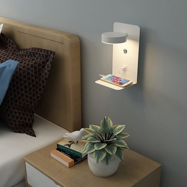 Justerbar Vägglampa Sänglampa 12W LED, med USB-port för Laddning, 3 Färgtemperaturer Justerbara, Sängläsningslampa för Sovrum Vardagsrum, Vit
