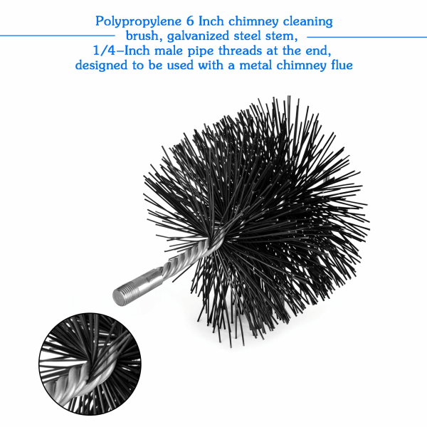 6 tums rund skorstensrengöringsborste med 1/4" NPT-koppling för isolerade skorstenar, rostfritt stål eller metallspisrör - fungerar med de flesta skorstensstångsuppsättningar