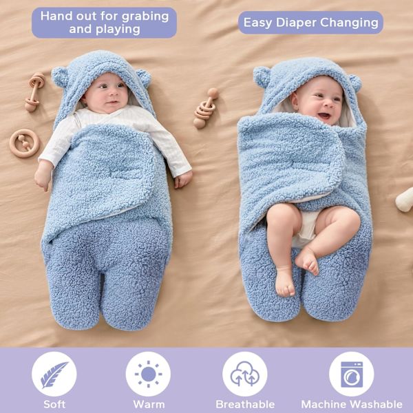 Vauvan hupullinen peitto, Teddykarhu vauvan kapalointiliina, rattaiden vastaanottopeitto, fleece-makuupussi, säkki, vauvanvaatteet pojille ja tytöille Blue