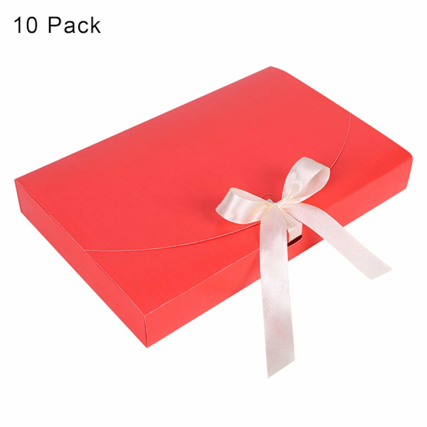 10 stk. gaveæske, rektangulær gaveæske i pap 26 * 17,5 * 3 cm med låg og satinbånd, tekstureret gaveæske, rød