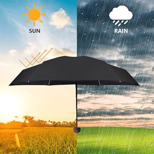 Mini-sateenvarjo kapselikotelolla, taskuvarjo, 6-ripainen kevyt ja kompakti taittuva sateenvarjo tuulenpitävä sade- ja aurinkovarjo.musta black