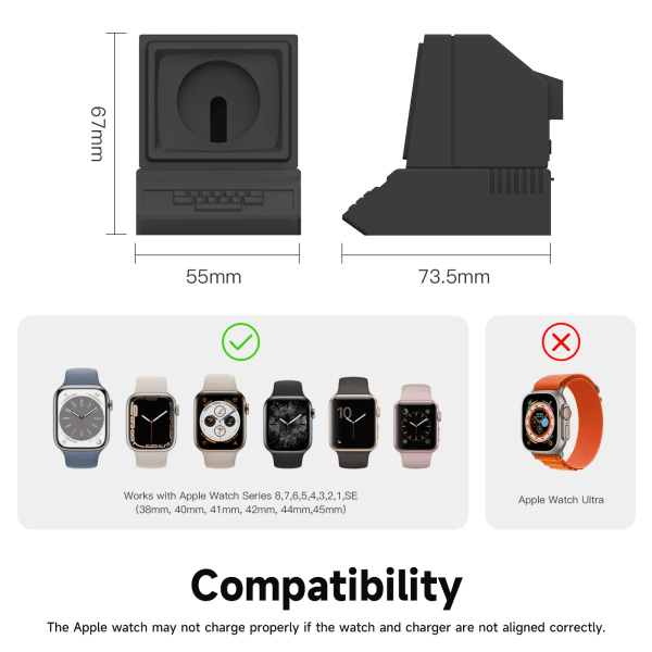 Laddningsställ kompatibelt med alla Apple Watch Ultra/8/SE2/7/6/SE/5/4/3/2/1 Laddningsdocka Station Stöd Nattbordsläge, svart