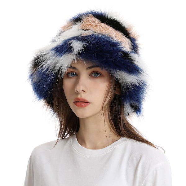 Elegant Fluffig Kvinnors Hinkhatt Vinter Faux Päls Fuzzy Varm Mössa Hatt Blandade Färger Plysch Fiskehatt Justerbar, Vit och Blå White and Blue