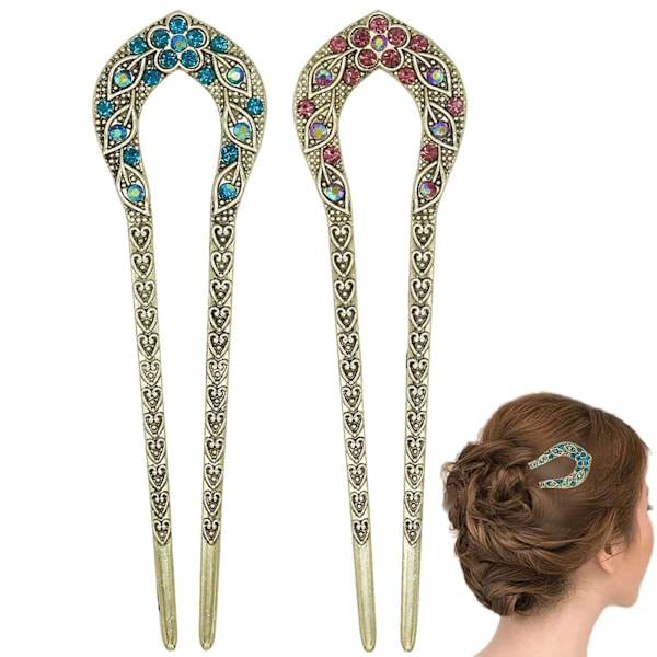2 stk. Vintage Hårpinne, Krystall Rhinestone Dobbel Hårnål Hårfrisyre Chignon Hårnål