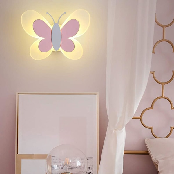 Søt Sommerfugl LED Vegglampe, Innendørs Nattlys for Barneromsdekor, Babyromsdekor, Nattlys for Barn, (Varmt Hvitt Lys, Rosa og Hvit)
