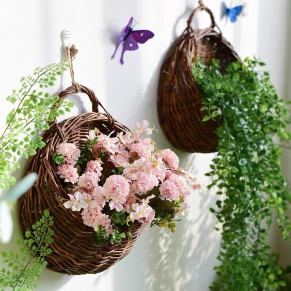 Hängande planteringskorg med flätad, rund hängande blomkruka växtkorg för inomhusutomhus trädgårds verandadekoration, 22×26CM