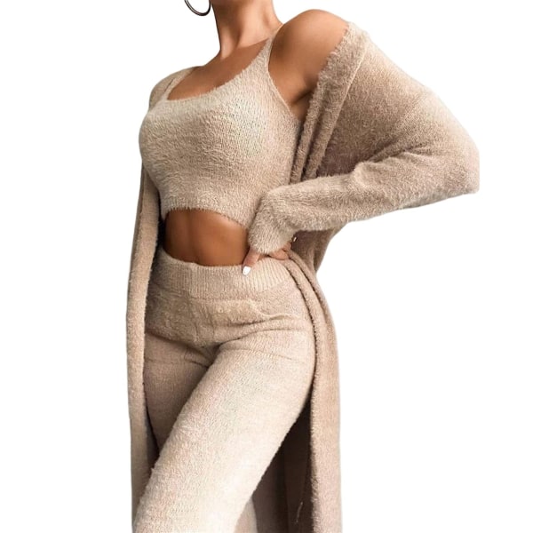 Sexy, varm fuzzy fleece 3-delers antrekk for kvinner Pyjamas, koselig strikket sett 3-delt, cardigan toppbukser med åpen front hette(M)