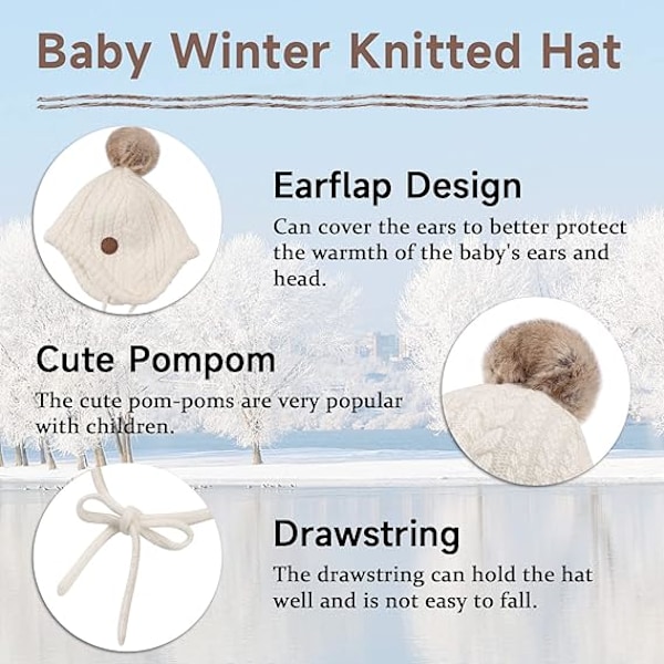 Baby Gutter Vinterlue Fløyelsforet Småbarnslue med Øreklaffer Varme Babyluer for Jenter med Dusk Off-white