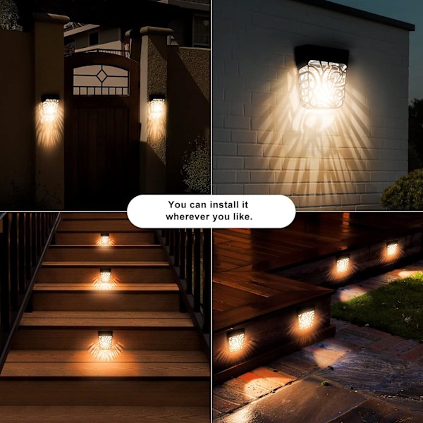 Aurinkokennovalaisimet aitaan, ulkokäyttöön tarkoitetut aurinkovoimalla toimivat seinävalaisimet puutarhaan, IP65 vedenpitävät langattomat aurinko-LED-valot, 6 kpl (lämmin valkoinen) white light