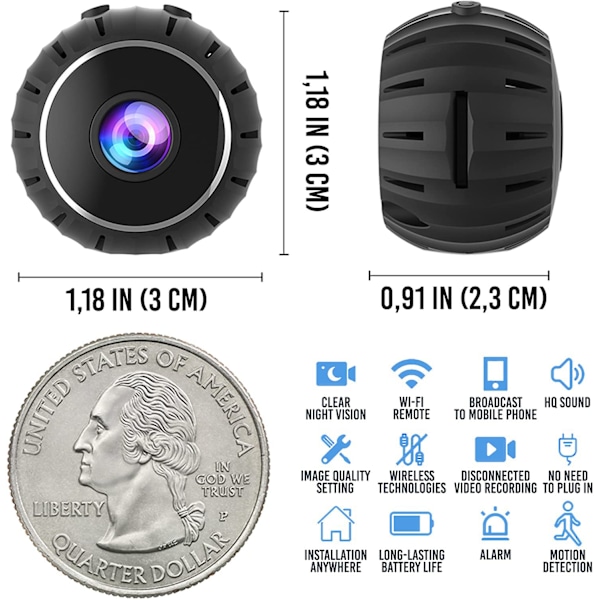 Mini vakoilukamerat piilotettu 1080P HD langaton kamera yönäöllä ja liiketunnistuksella, WiFi-videokamera sisä- ja ulkokäyttöön, musta-x10