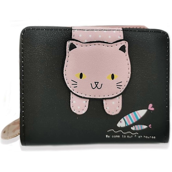 Plånbok för flickor, Söt kattplånbok, Plånbok med kattmönster, Mynthållare, Korthållare (grön) balck
