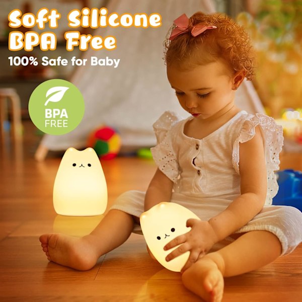 Natlampe til børn/baby, 7 farver Kawaii kat, genopladelig LED-natlampe, timerfunktion silikone sengelampe, berøringsfølsom gave til piger