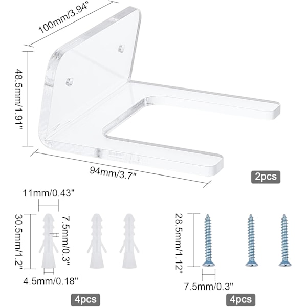 2 sett Akryl Gitar Veggfeste, Klar Gitar Veggfeste med 4 stk Jernskruer og Plastplugger 9.4x10x4.85cm Gitar Veggkrok Feste for Gitar