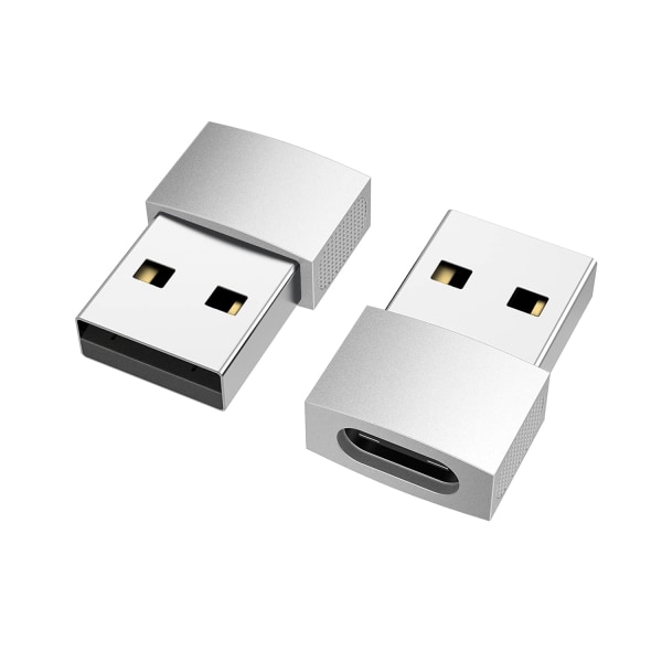 USB C till USB -adapter (2-pack), USB-C hona till USB hane, USB typ C hona till USB OTG-adapter för MacBook Air 2017/2015, bärbara datorer, väggladdare, silver