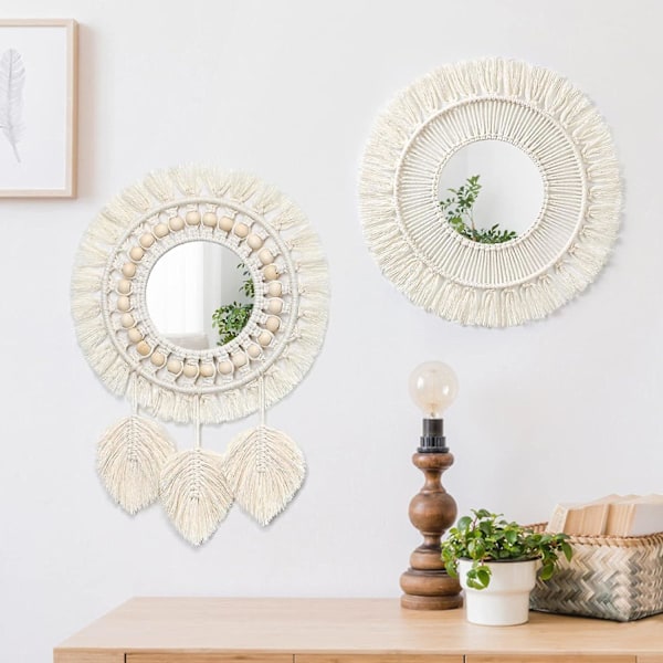 2 kpl Seinälle Ripustettava Koristepeili Punotuilla Lehdillä Boho Hapsu Pyöreä Peili