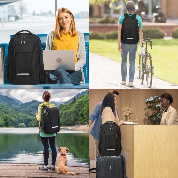 Reise laptop-ryggsekk med USB-lading/hodetelefonport, slitesterk vanntett høyskole-laptop-veske for kvinner Passer til 15,6 tommers bærbar PC, svart