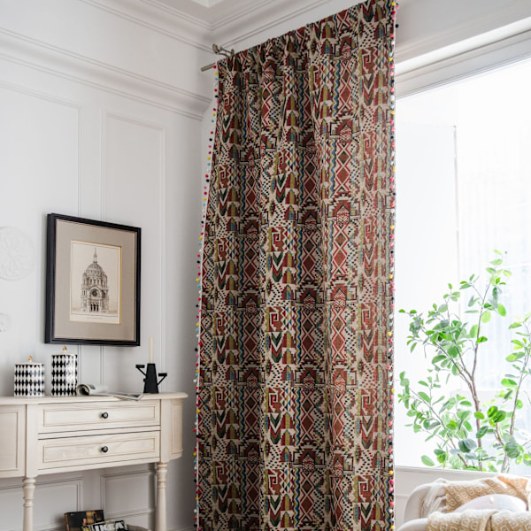 Boho Geometrisk Boheme Gardin, Bomuld Linned Trykt Dekorativ, Gardiner med Kvaster Boligindretning, B150xH240