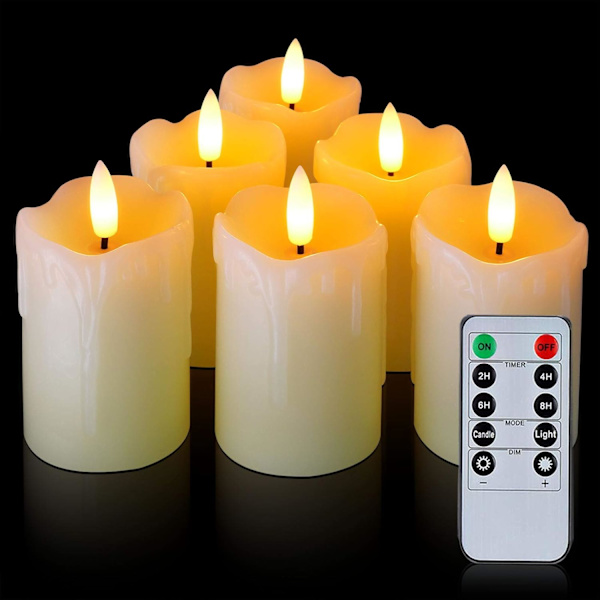 6 stk. ægte voks flammefri tealights stearinlys, LED lys søjlelys, batteridrevne flimrende stearinlys til boligindretning, 5 x 7 cm. Batteri inkluderet 5×7cm