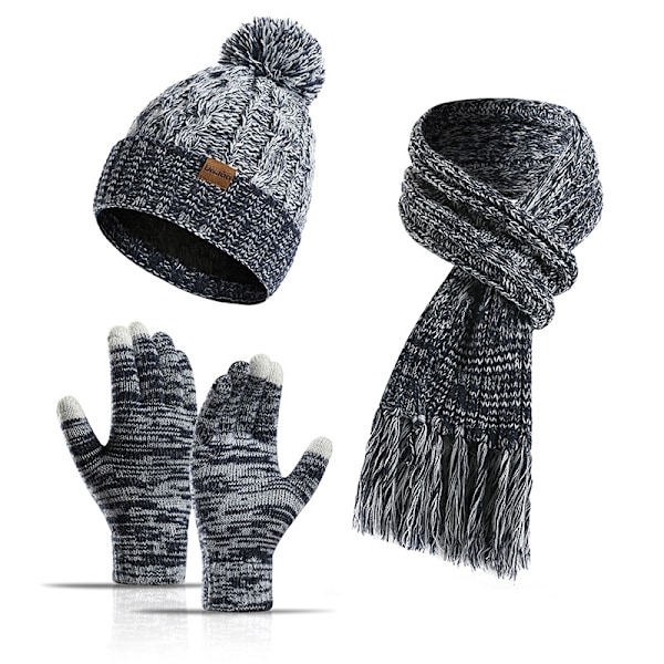 Höst & Vinter Ny Stickad Ullfärgad Hatt, Tjockare Halsduk Touch Screen Vantar Tre-Delat Set Navy Blue