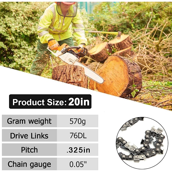 3X Moottorisahan Teräketju 20 tuuman (50 cm) laipalle, 76 vetolenkkiä, 0,325 tuuman jako, 0,058 tuuman paksuus, Korvaava sahanteräketju Timberpro 62CC ja muihin moottorisahoihin