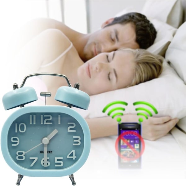 Retro Analog Väckarklocka 3\" Dubbel Klocka Quartz Väckarklockor Tyst Svepande Ljudlös Sängklocka Högljudd Alarm Batteridriven med Nattlampa, Blå