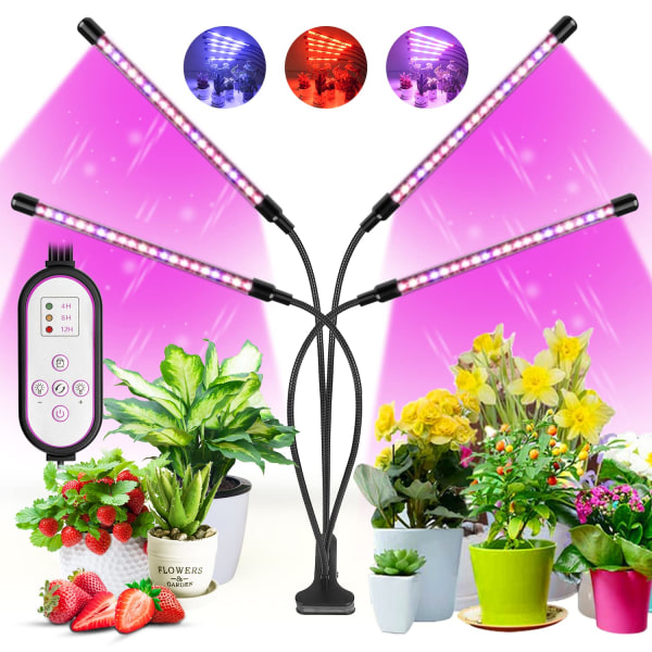 Vekstlys for innendørs planter, 80 LED-lys, rødt og blått fullspektrum, 4 hoder vekstlamper med timer, frøplanter og sukkulenter Red & Blue Full Spectrum