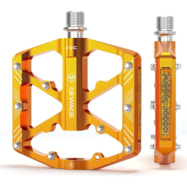 Cykelpedaler med reflexer, 3 tätade lager, halkfri CNC-aluminiumcykelplattform, 9/16 tums pedaler för landsvägscykel, MTB, elcykel. Gold