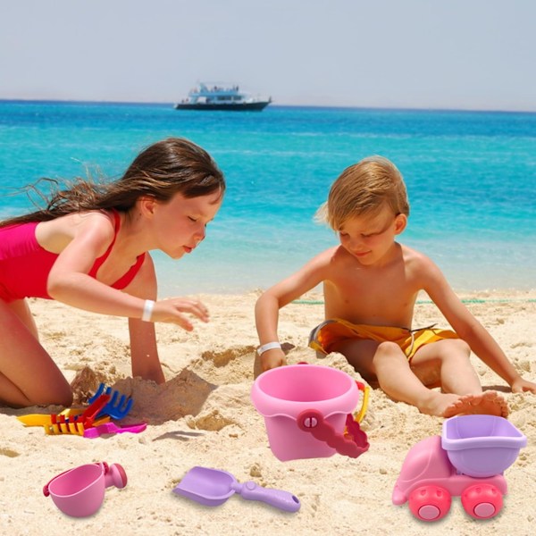 Strandleksaker för barn, 5 st sandleksaker Strandsandleksaker med sandbil, hink, vattenkannor, spadar, raka, utomhusleksaker med sandgrop, rosa