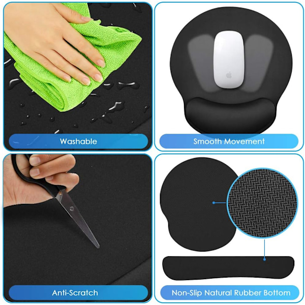 Musmatta, för dator/laptop, halkfri gummibas med handledsstöd i memory foam för att lindra smärta och karpaltunnelsyndrom