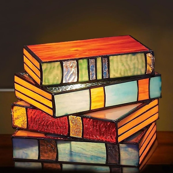 Stained Glass Stablet Stakked Boger Lampe, Stakked Boger Glas Lampe Natlys, Læsehjørne Belysning Bordlampe, Belysning Bog Lamper, Bordlampe Hjem DeCor
