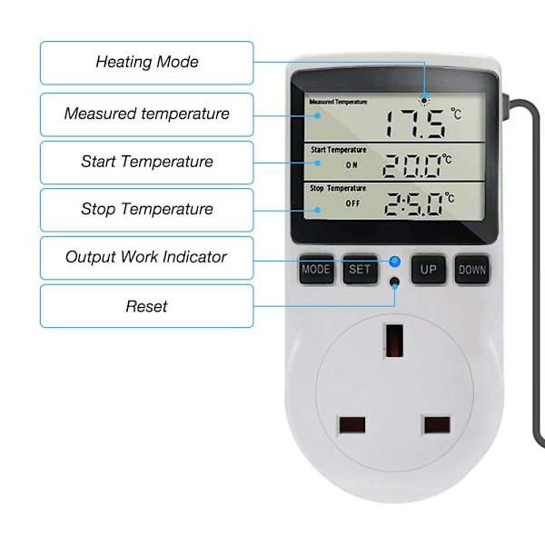 Digital Termostat Kontrol Socket, 230V/16A Temperaturregulator med Varme- og Køletilstand, LCD-Skærm til Drivhus Akvarium Reptil Terrarium