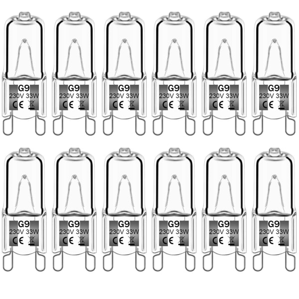 12-pakning G9 halogenpærer 33W 230V 2800K varmt hvitt 380lm, klare kapsel halogenlamper dimbare, ingen stroboskop, ingen flimmer